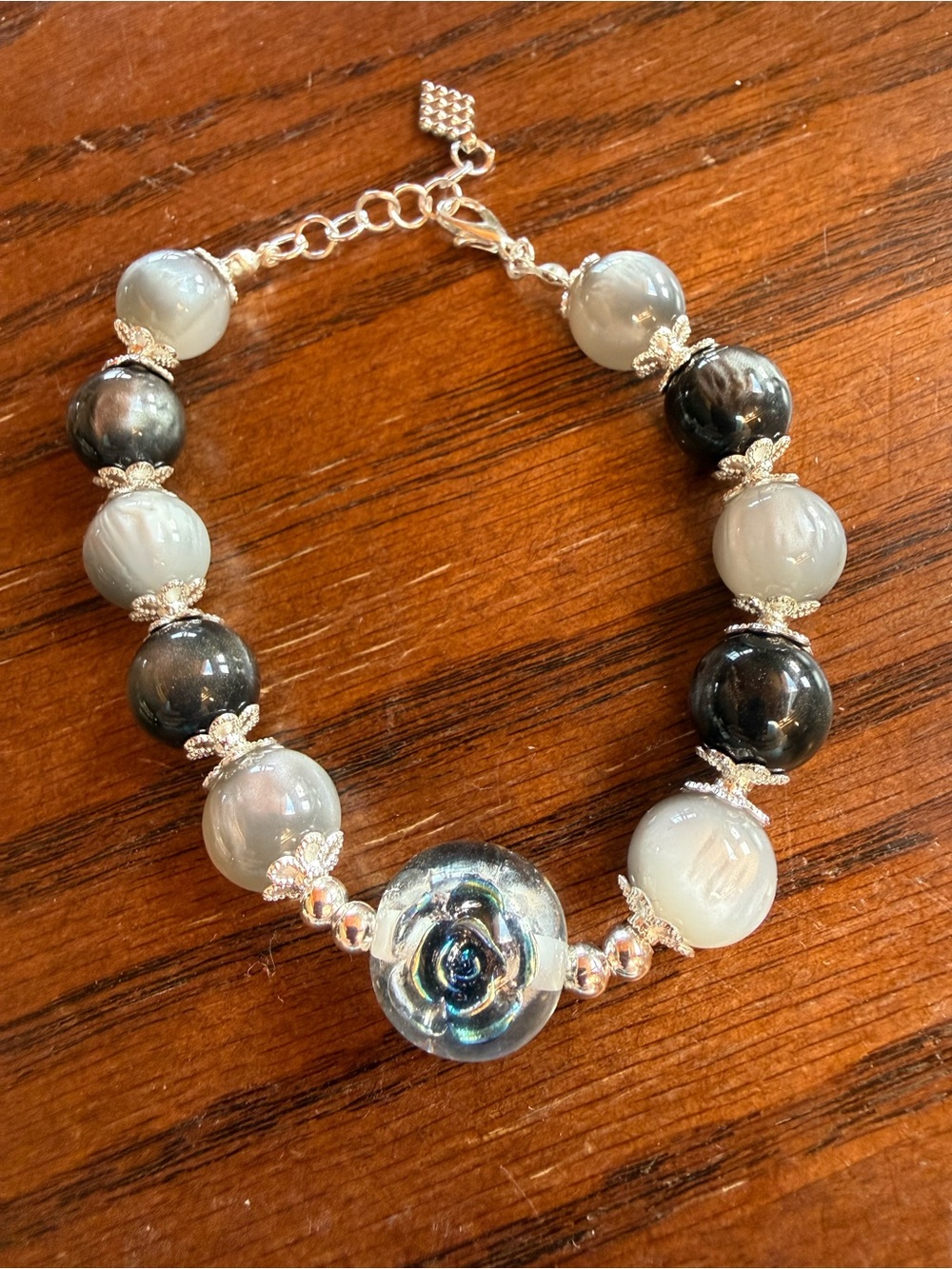 Handmade Gray & Black Beaded Bracelet with Glass Flower Accent
